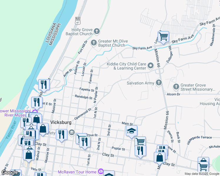 map of restaurants, bars, coffee shops, grocery stores, and more near 1612 Martin Luther King Jr Blvd in Vicksburg