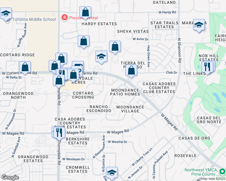 map of restaurants, bars, coffee shops, grocery stores, and more near 8265 North Midnight Way in Tucson