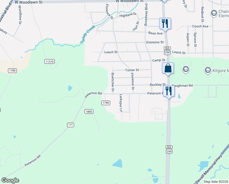 map of restaurants, bars, coffee shops, grocery stores, and more near 300-400 Peterson Road in Kilgore
