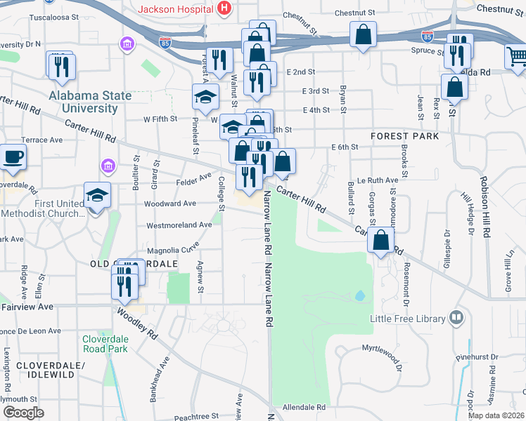 map of restaurants, bars, coffee shops, grocery stores, and more near 2200 Narrow Lane Road in Montgomery