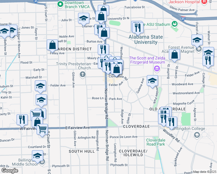 map of restaurants, bars, coffee shops, grocery stores, and more near 1821 Norman Bridge Road in Montgomery