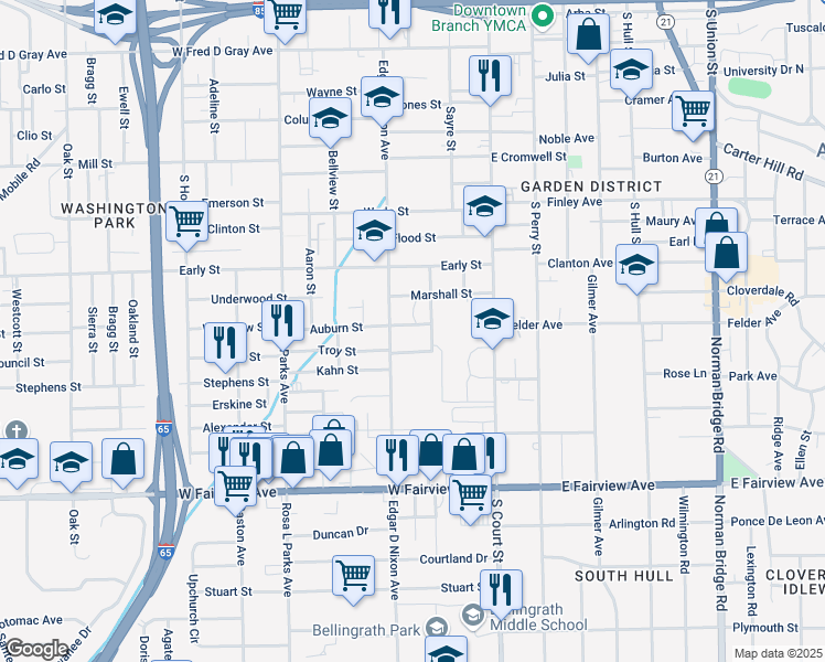 map of restaurants, bars, coffee shops, grocery stores, and more near 1720 Billings Street in Montgomery