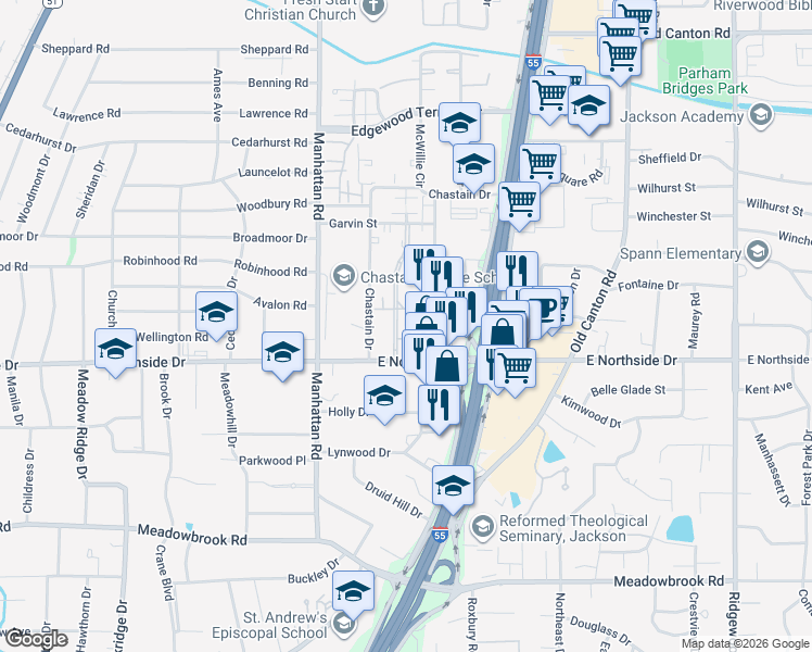 map of restaurants, bars, coffee shops, grocery stores, and more near 4637 McWillie Drive in Jackson