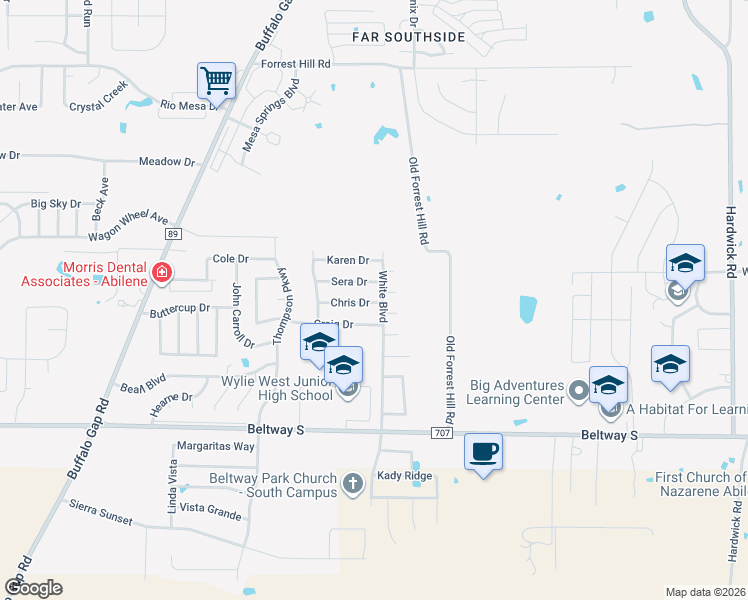 map of restaurants, bars, coffee shops, grocery stores, and more near 4001 Chris Drive in Abilene