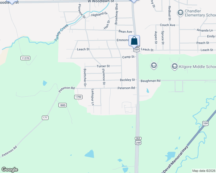 map of restaurants, bars, coffee shops, grocery stores, and more near 600 Peterson Road in Kilgore