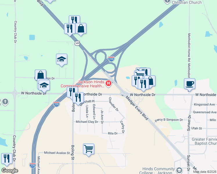map of restaurants, bars, coffee shops, grocery stores, and more near 3502 West Northside Drive in Jackson