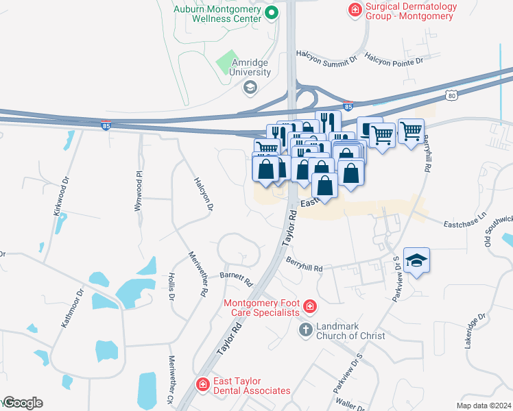 map of restaurants, bars, coffee shops, grocery stores, and more near 7801 Halcyon Forest Trail in Montgomery