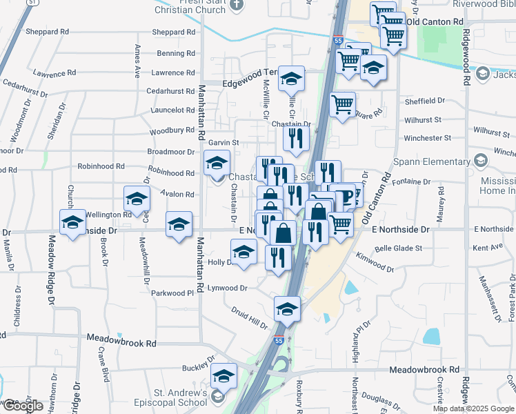 map of restaurants, bars, coffee shops, grocery stores, and more near 20 North Hill Parkway in Jackson