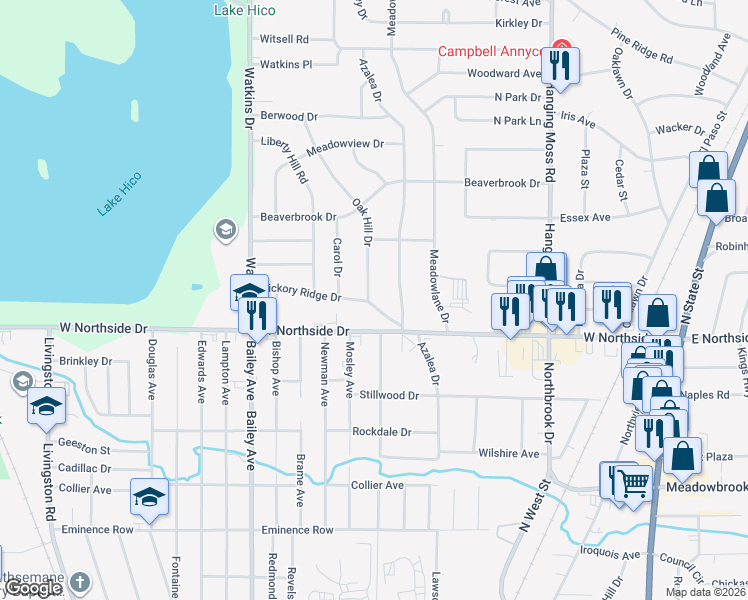 map of restaurants, bars, coffee shops, grocery stores, and more near 545 Oakhill Drive in Jackson