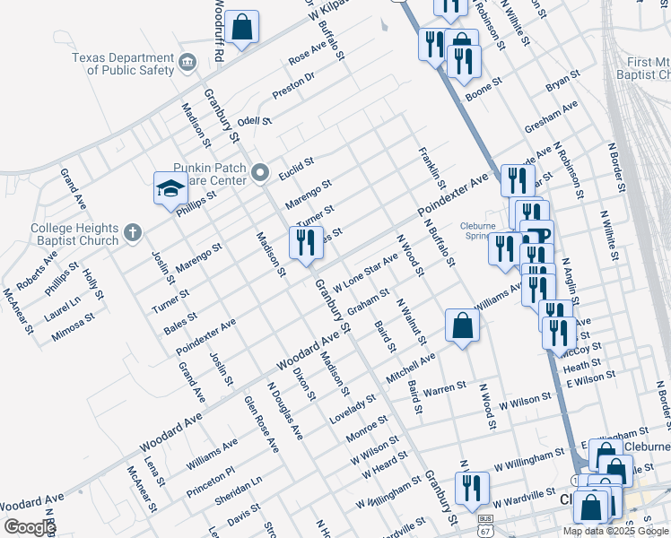 map of restaurants, bars, coffee shops, grocery stores, and more near 1026 Granbury Street in Cleburne