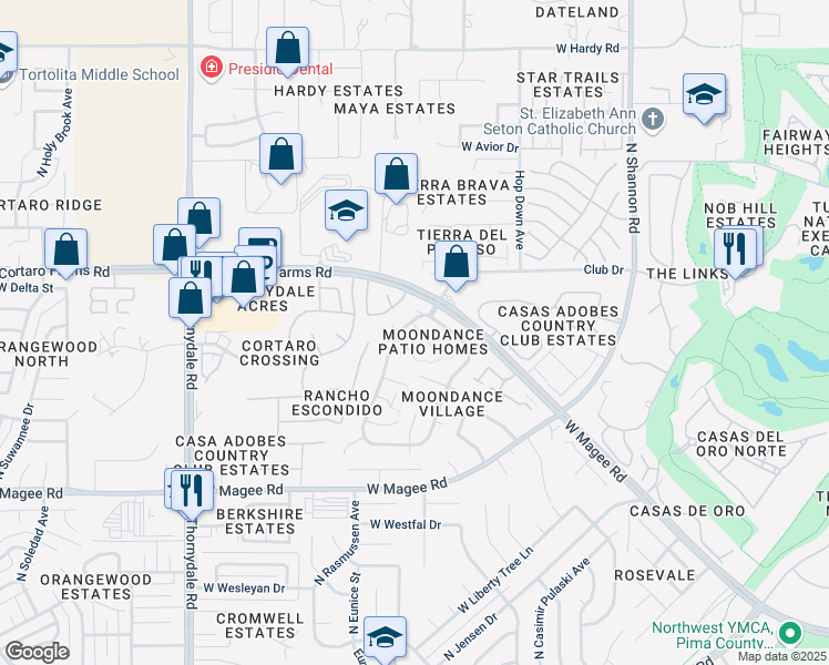 map of restaurants, bars, coffee shops, grocery stores, and more near 3295 West Firefall Place in Tucson