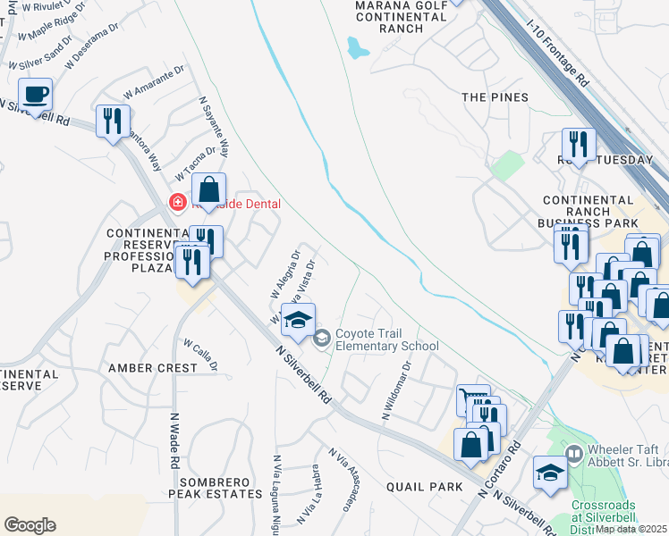 map of restaurants, bars, coffee shops, grocery stores, and more near 8305 North Solitude Way in Tucson