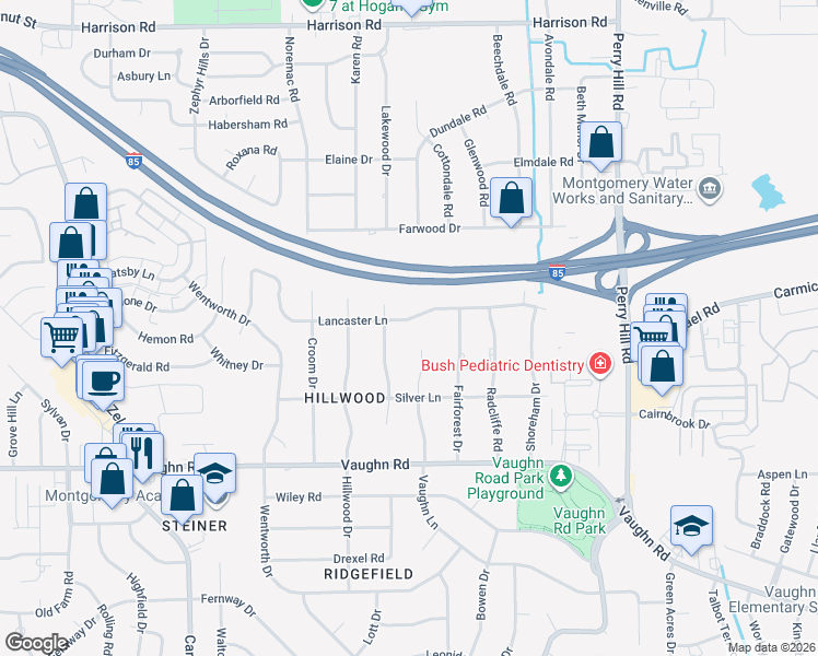 map of restaurants, bars, coffee shops, grocery stores, and more near 3508 Lancaster Lane in Montgomery