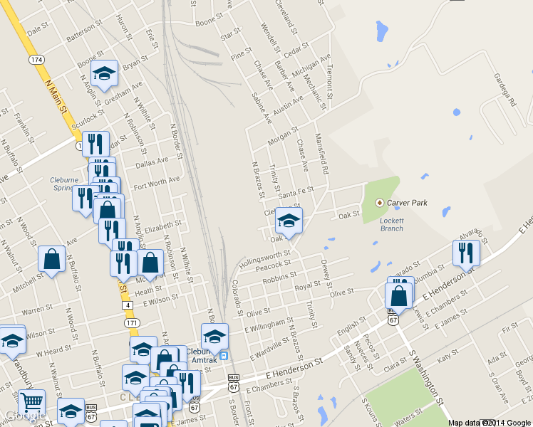map of restaurants, bars, coffee shops, grocery stores, and more near 107 Park Street in Cleburne