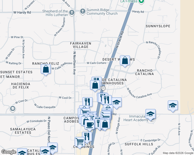 map of restaurants, bars, coffee shops, grocery stores, and more near 8255 North Oracle Road in Tucson