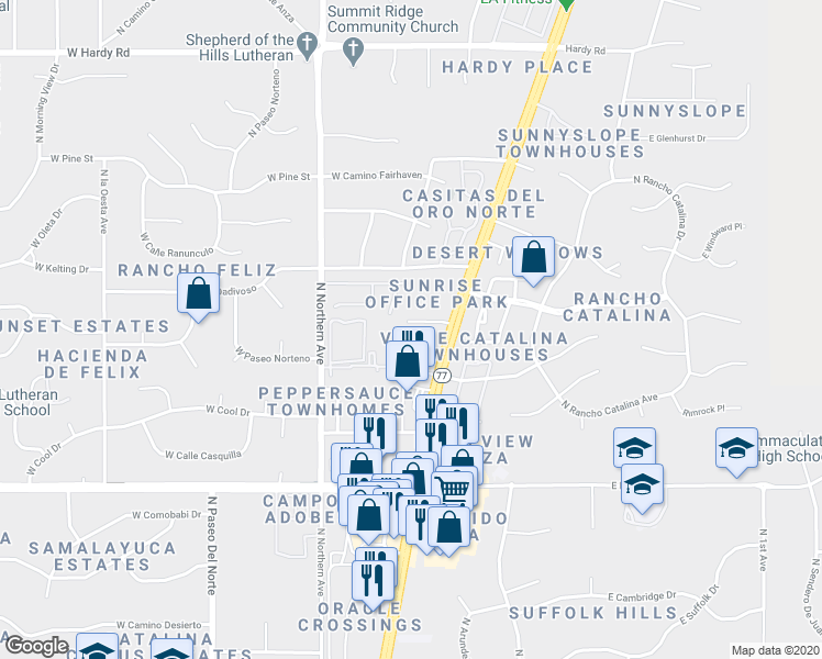 map of restaurants, bars, coffee shops, grocery stores, and more near 8255 North Oracle Road in Tucson