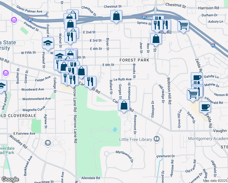 map of restaurants, bars, coffee shops, grocery stores, and more near 2059 Bullard Street in Montgomery