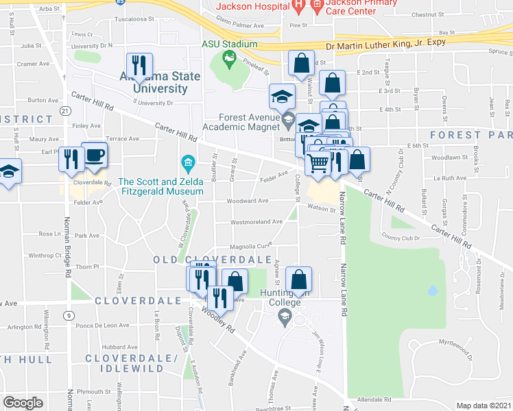 map of restaurants, bars, coffee shops, grocery stores, and more near 1255 Westmoreland Avenue in Montgomery