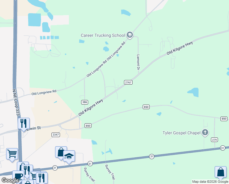 map of restaurants, bars, coffee shops, grocery stores, and more near 5980 Farm to Market Road 2767 in Tyler