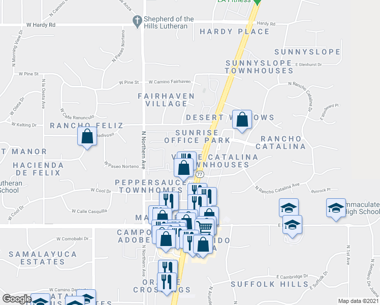 map of restaurants, bars, coffee shops, grocery stores, and more near 8271 North Oracle Road in Tucson