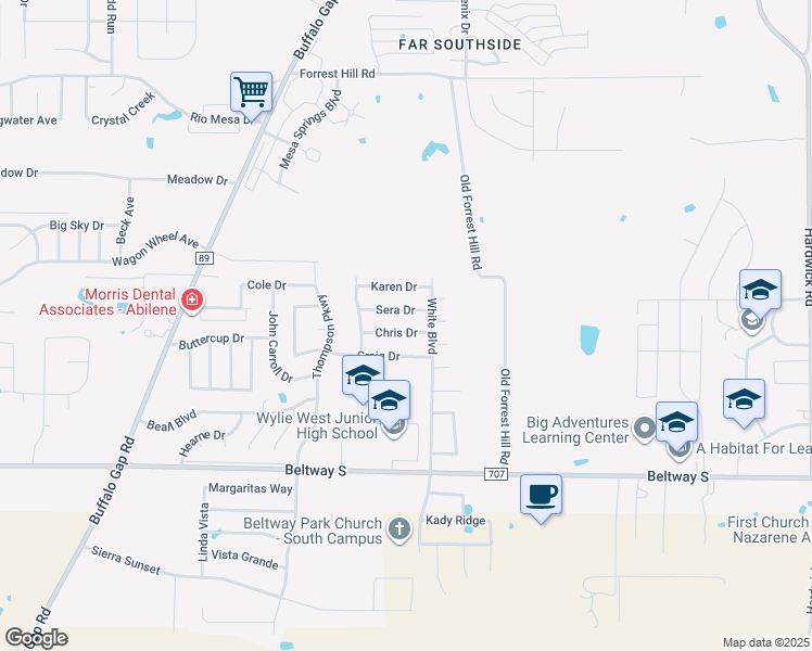 map of restaurants, bars, coffee shops, grocery stores, and more near 4002 Chris Drive in Abilene