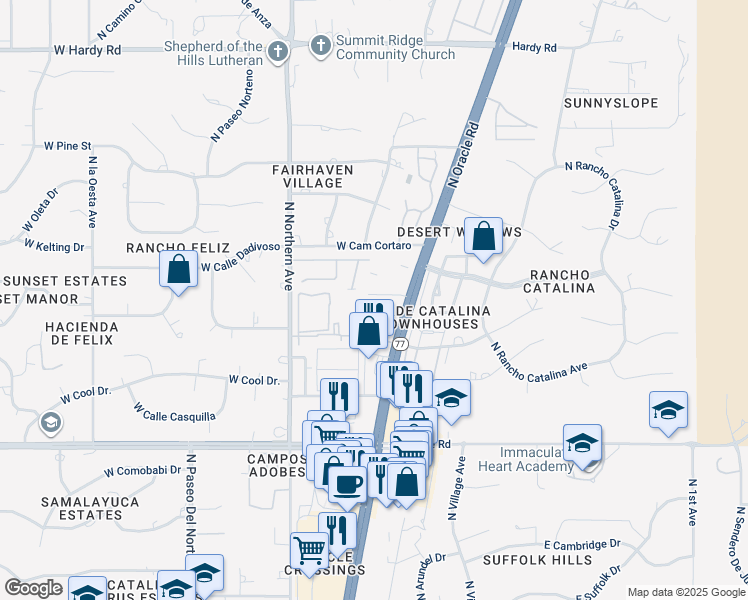 map of restaurants, bars, coffee shops, grocery stores, and more near 8267 North Oracle Road in Tucson