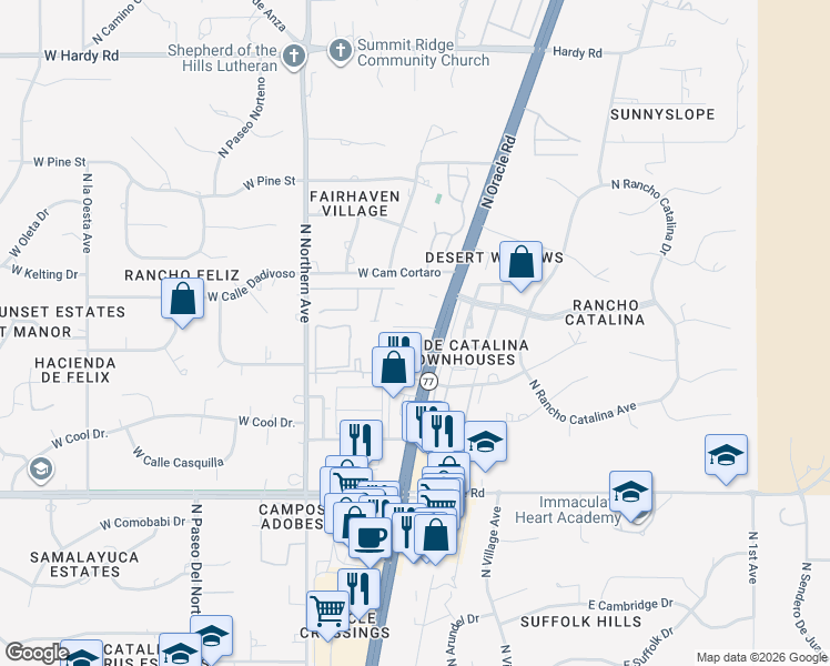 map of restaurants, bars, coffee shops, grocery stores, and more near 8255 North Oracle Road in Tucson