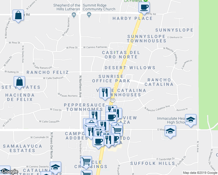 map of restaurants, bars, coffee shops, grocery stores, and more near 8255 North Oracle Road in Tucson