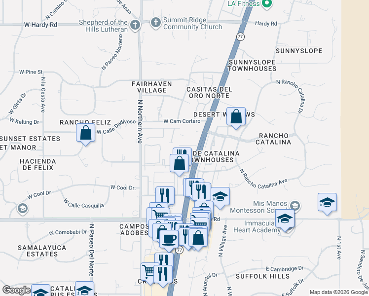 map of restaurants, bars, coffee shops, grocery stores, and more near 8255 North Oracle Road in Tucson
