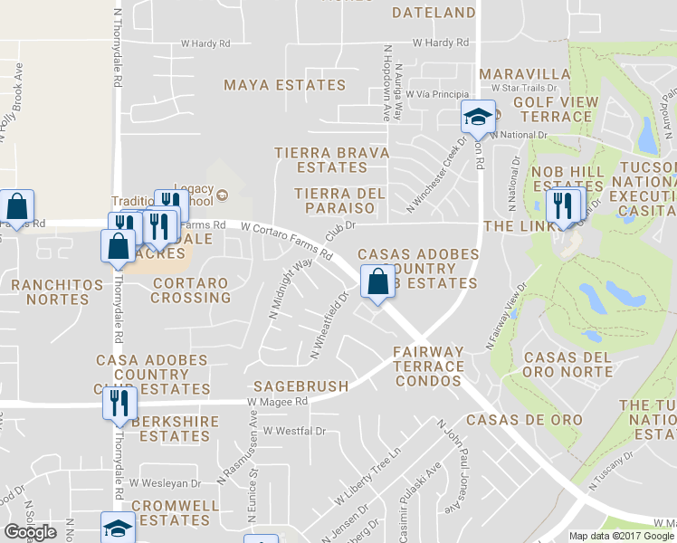 map of restaurants, bars, coffee shops, grocery stores, and more near 3220 West Moon Dance Way in Tucson