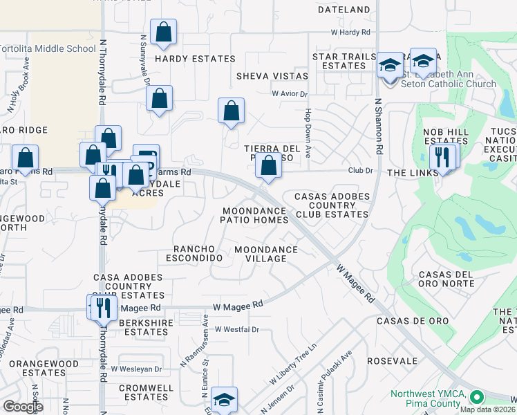 map of restaurants, bars, coffee shops, grocery stores, and more near 3295 West Firefall Place in Tucson