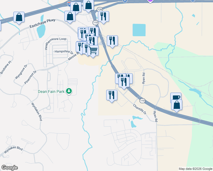 map of restaurants, bars, coffee shops, grocery stores, and more near 10710 Chantilly Parkway in Montgomery