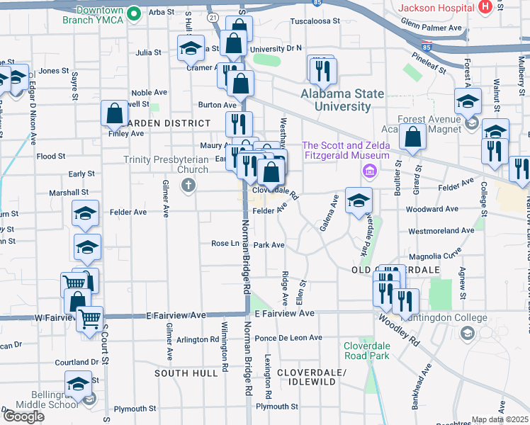 map of restaurants, bars, coffee shops, grocery stores, and more near 1801 Graham Street in Montgomery