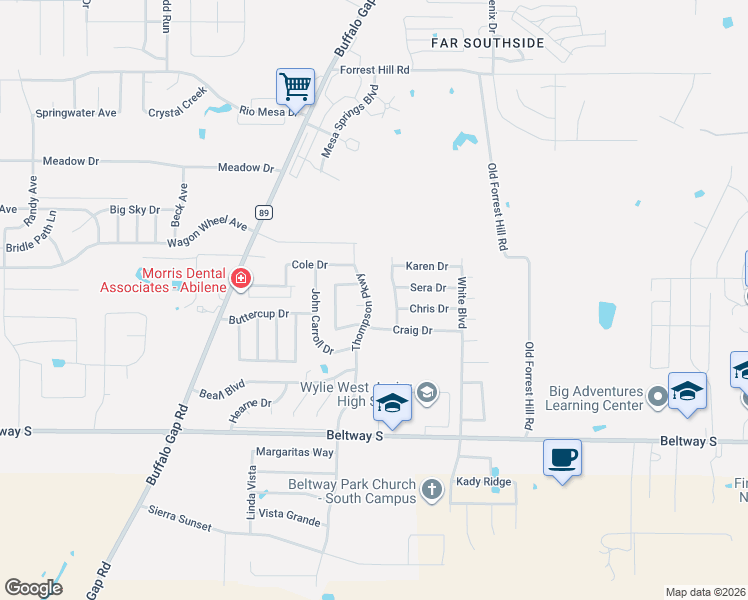 map of restaurants, bars, coffee shops, grocery stores, and more near 7625 Thompson Parkway in Abilene