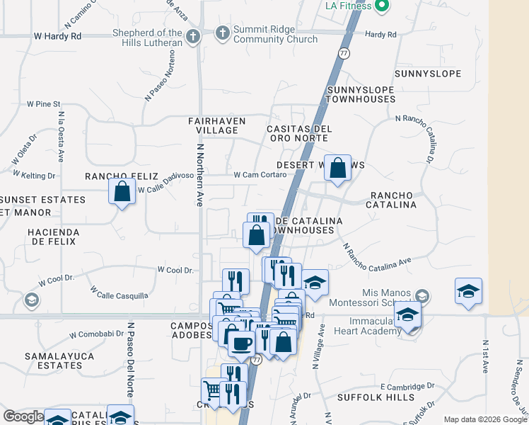 map of restaurants, bars, coffee shops, grocery stores, and more near 8255 North Oracle Road in Tucson