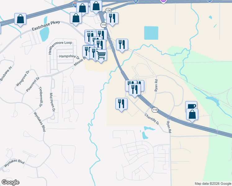 map of restaurants, bars, coffee shops, grocery stores, and more near 10510 Chantilly Parkway in Montgomery