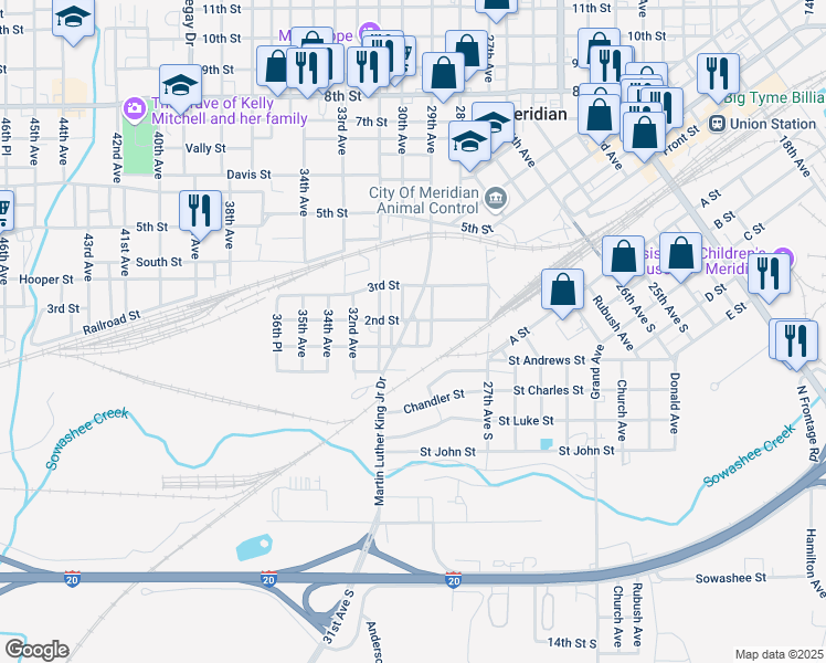map of restaurants, bars, coffee shops, grocery stores, and more near in Meridian