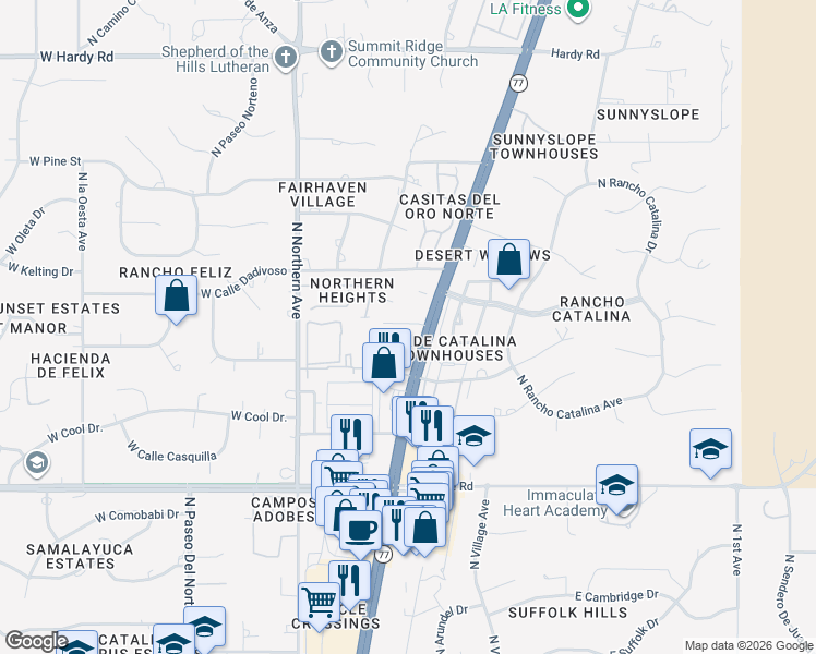map of restaurants, bars, coffee shops, grocery stores, and more near 8255 North Oracle Road in Tucson