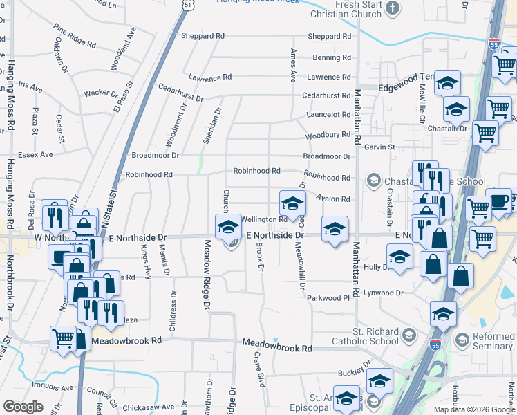 map of restaurants, bars, coffee shops, grocery stores, and more near 543 Wellington Road in Jackson