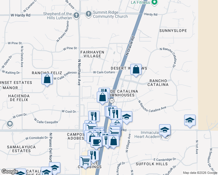 map of restaurants, bars, coffee shops, grocery stores, and more near 8271 North Oracle Road in Tucson