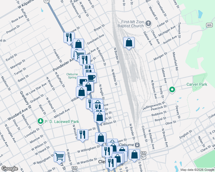 map of restaurants, bars, coffee shops, grocery stores, and more near 722 North Robinson Street in Cleburne
