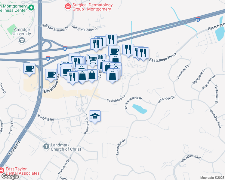 map of restaurants, bars, coffee shops, grocery stores, and more near 2430 Berryhill Road in Montgomery
