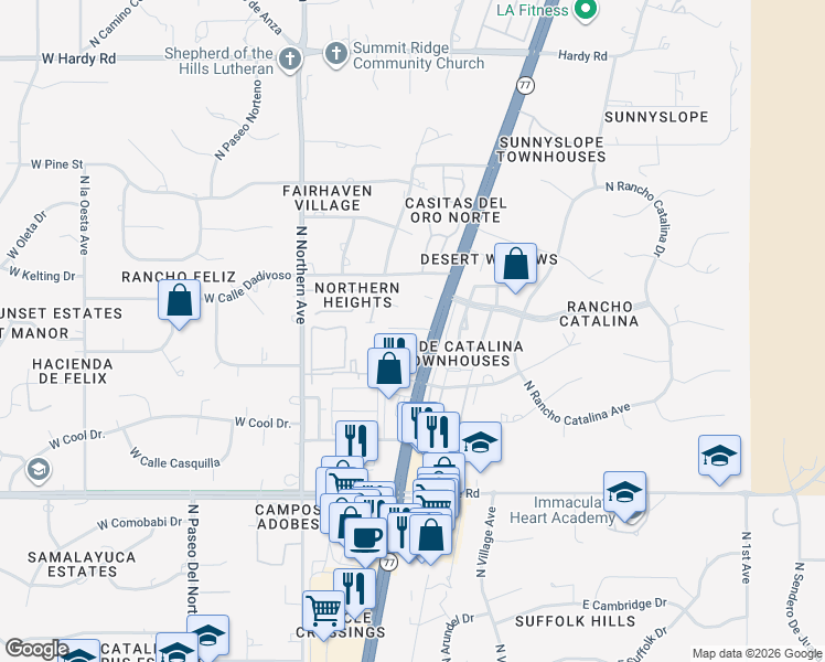 map of restaurants, bars, coffee shops, grocery stores, and more near 8255 North Oracle Road in Tucson