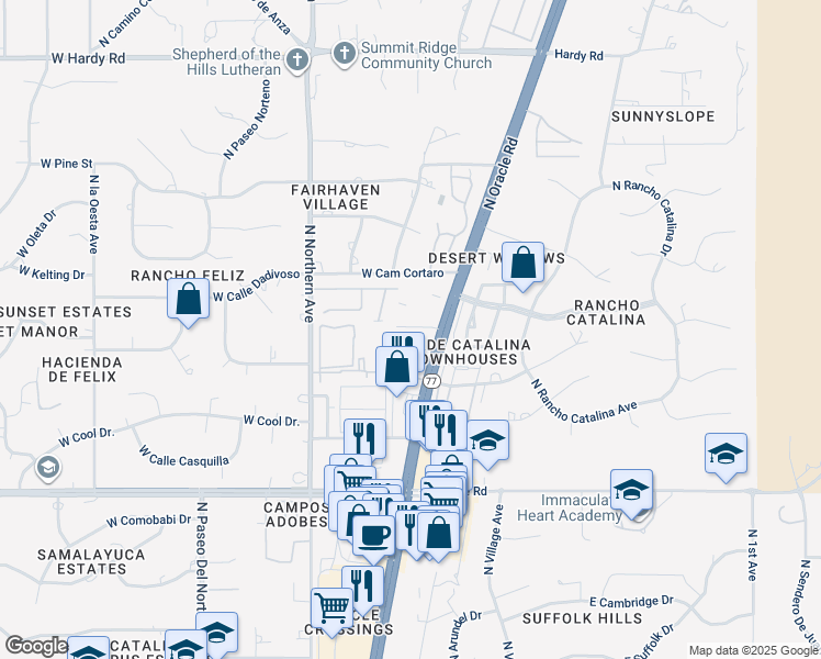 map of restaurants, bars, coffee shops, grocery stores, and more near 8255 North Oracle Road in Tucson