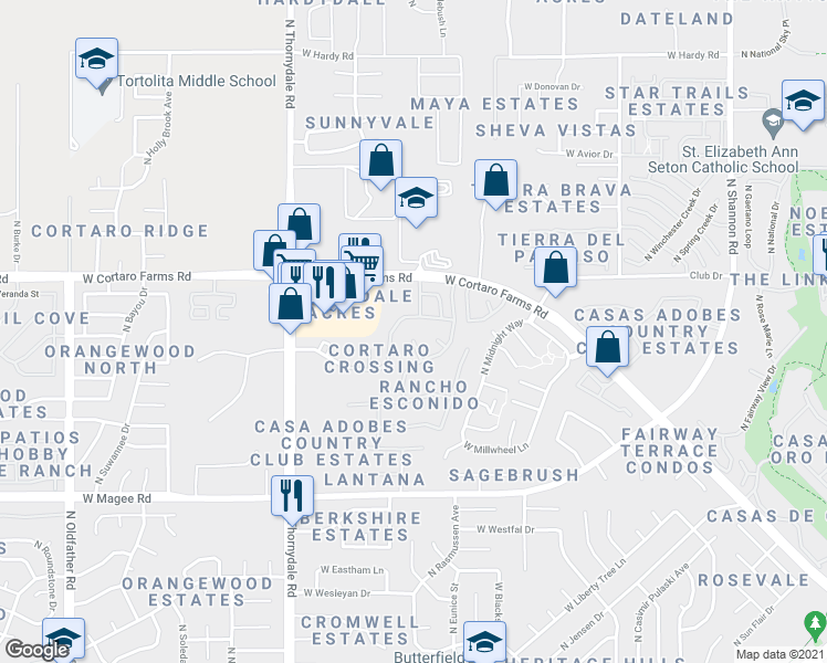 map of restaurants, bars, coffee shops, grocery stores, and more near 8263 North Placita Picante in Tucson
