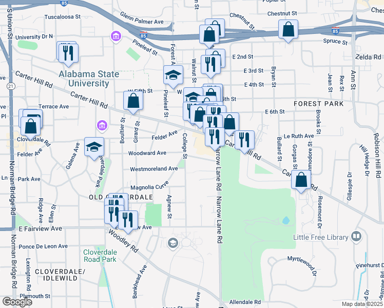map of restaurants, bars, coffee shops, grocery stores, and more near 1436 Watson Street in Montgomery