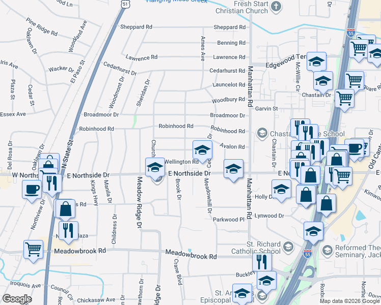 map of restaurants, bars, coffee shops, grocery stores, and more near 609 Wellington Road in Jackson