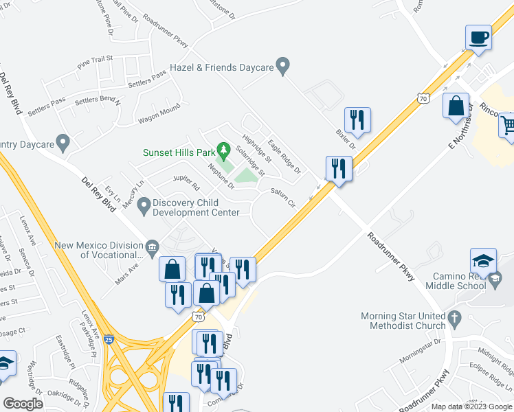 map of restaurants, bars, coffee shops, grocery stores, and more near 2338 Saturn Circle in Las Cruces