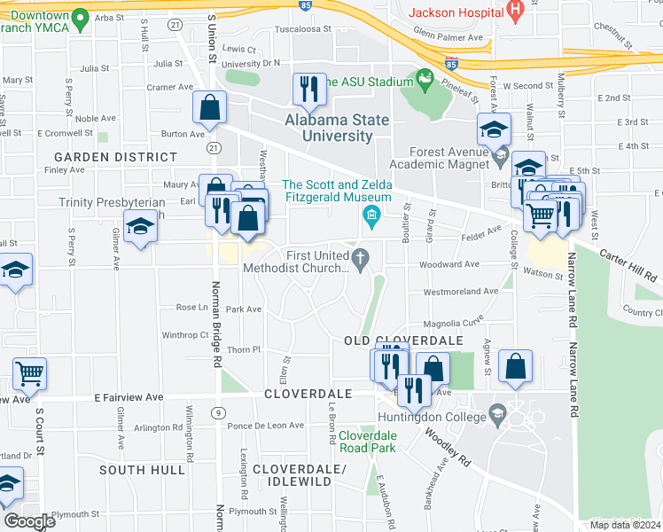 map of restaurants, bars, coffee shops, grocery stores, and more near 917 Park Avenue in Montgomery