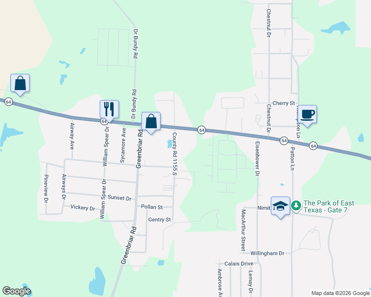 map of restaurants, bars, coffee shops, grocery stores, and more near 1017 Cotten Road in Tyler